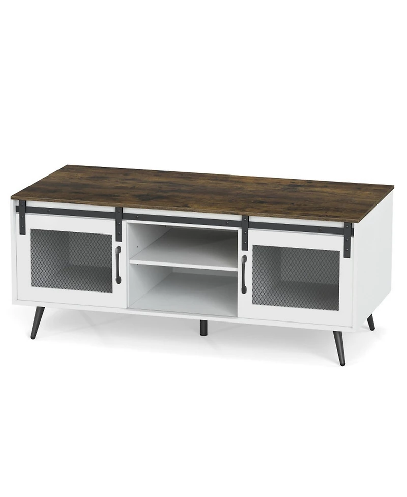 Sugift Farmhouse Coffee Table with Sliding Doors and 3-Position Adjustable Shelf