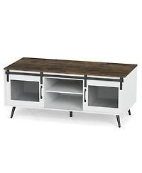 Sugift Farmhouse Coffee Table with Sliding Doors and 3-Position Adjustable Shelf