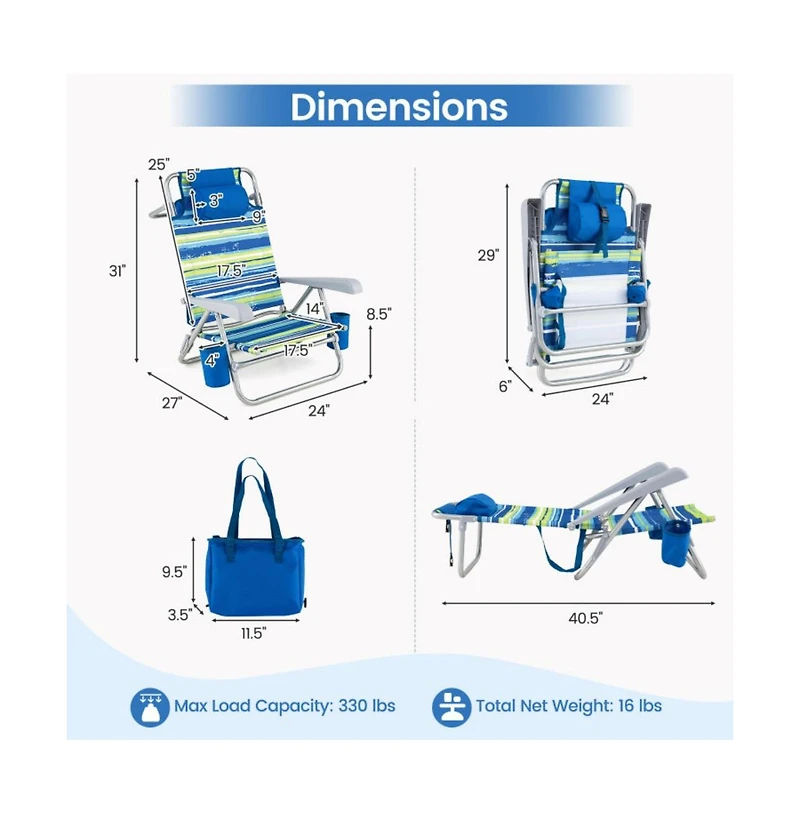 Hongge 2-Pack Folding Beach Chair with 7-Position Backrest