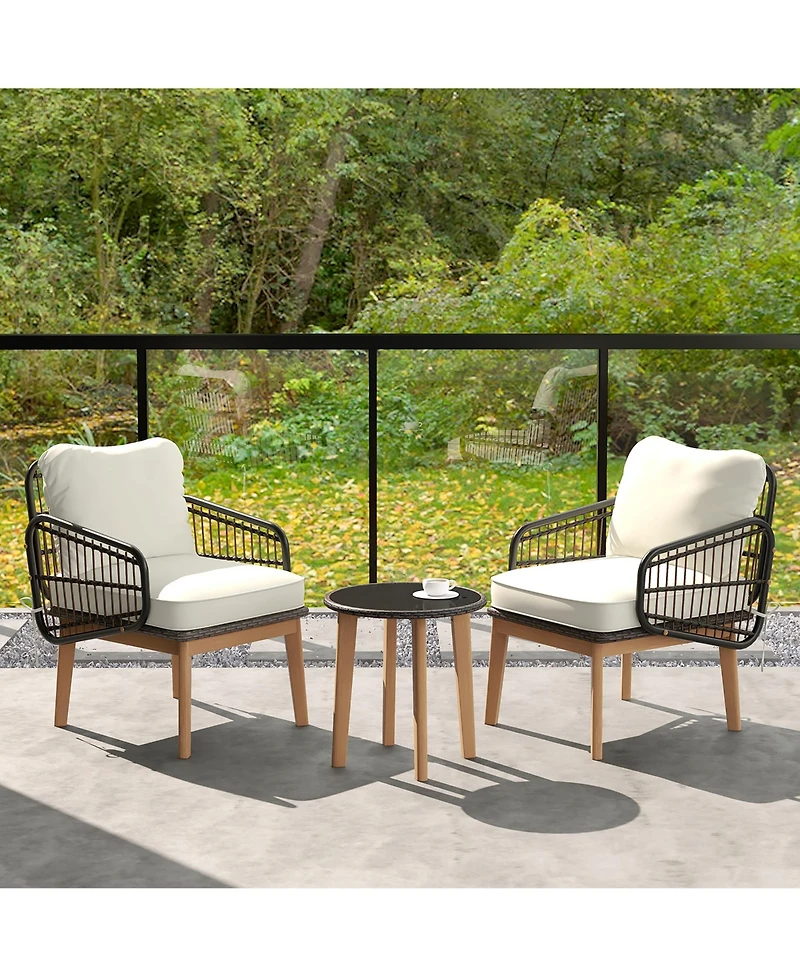 Gymax 3 Piece Patio Chair Set Wicker Chair and Side Table Set with Soft Cushions and Tempered Glass Tabletop
