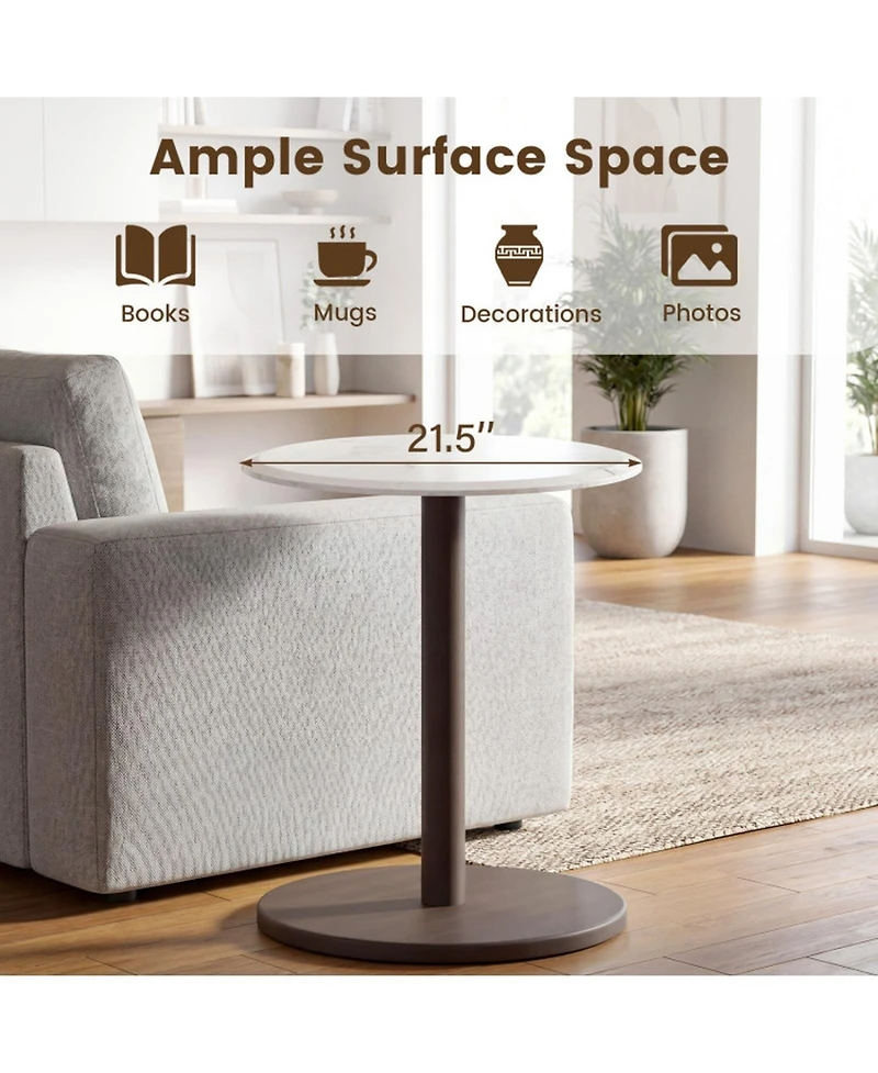 Sugift Round Marble Side Table Pedestal End Table with Stone Finish and Solid Wood Support