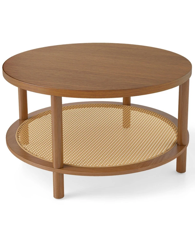 Sugift 2-Tier Boho Round Rattan Coffee Table with Storage Shelf