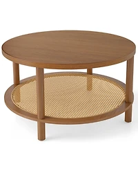 Sugift 2-Tier Boho Round Rattan Coffee Table with Storage Shelf