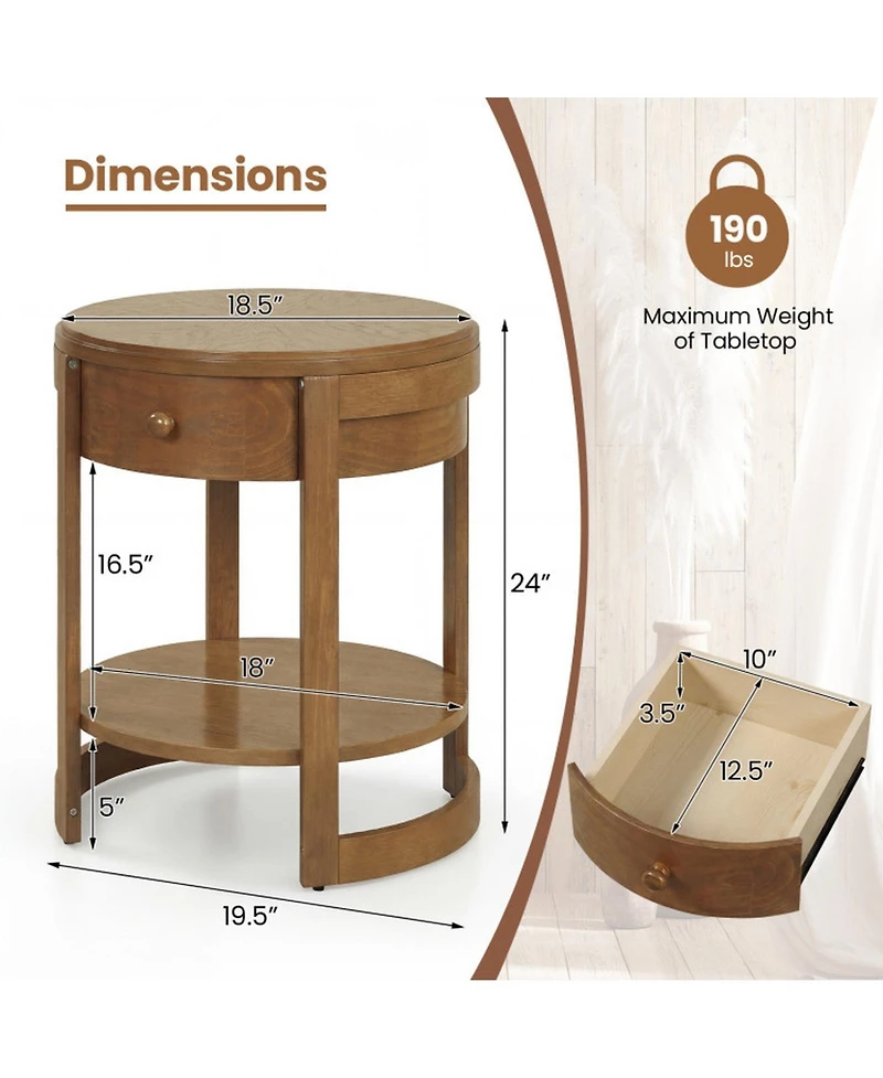 Sugift 2-Tier Round End Table Mid-Century Modern Nightstand with Drawer and Shelf