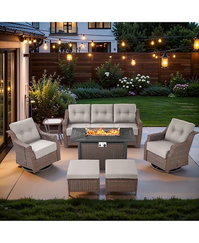 Pocassy 7-Piece Outdoor Furniture Set with Fire Pit Table, Wicker Patio Conversation Cushions and Swivel Glide Chairs