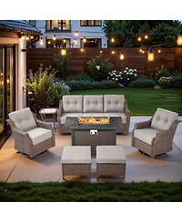 Pocassy 7-Piece Outdoor Furniture Set with Fire Pit Table, Wicker Patio Conversation Cushions and Swivel Glide Chairs