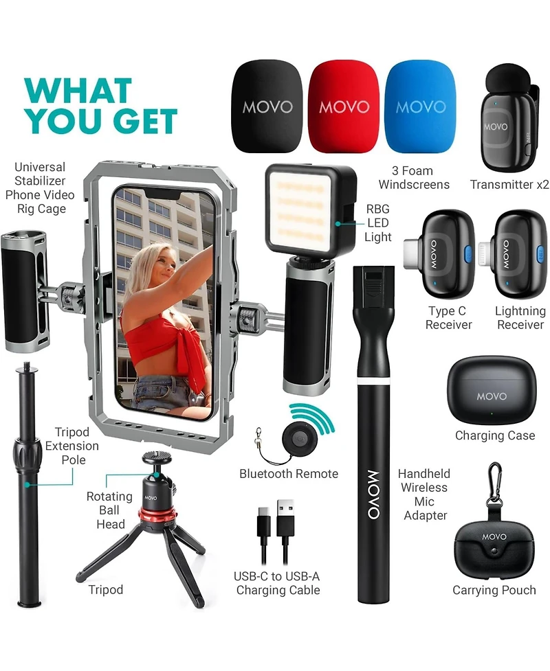 Movo iFilmer-pro Smartphone Rig with Dual Grip Cage, Wireless Lavalier Mics, and Tripod for iPhone and Android