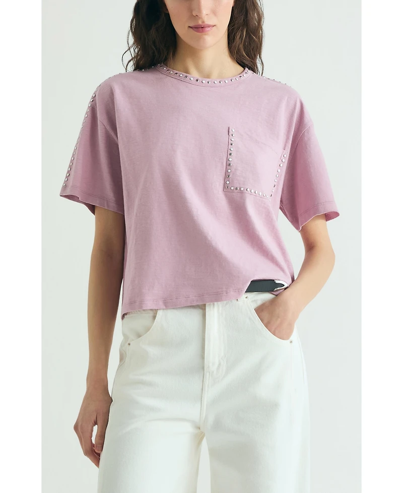 Scalpers Women's Bolsilo Studs Crewneck Chest-Pocket T-Shirt