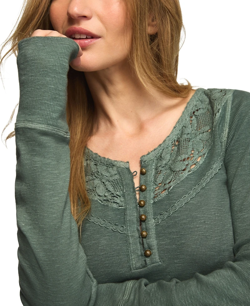 Lucky Brand Women's Lace Yoke Long-Sleeve Henley
