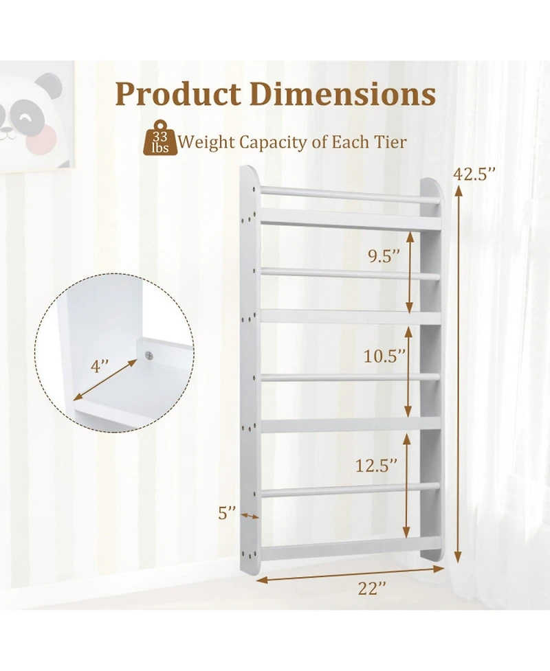 Sugift 4-Tier Wall Mounted Bookshelf Organizer for Toys and Books with Basswood Crossbar 5 Inch Depth