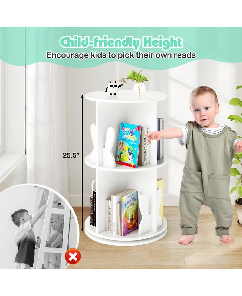 Sugift 2-Tier Freestanding Kids Rotating Bookshelf Storage Rack with Bunny Baffles