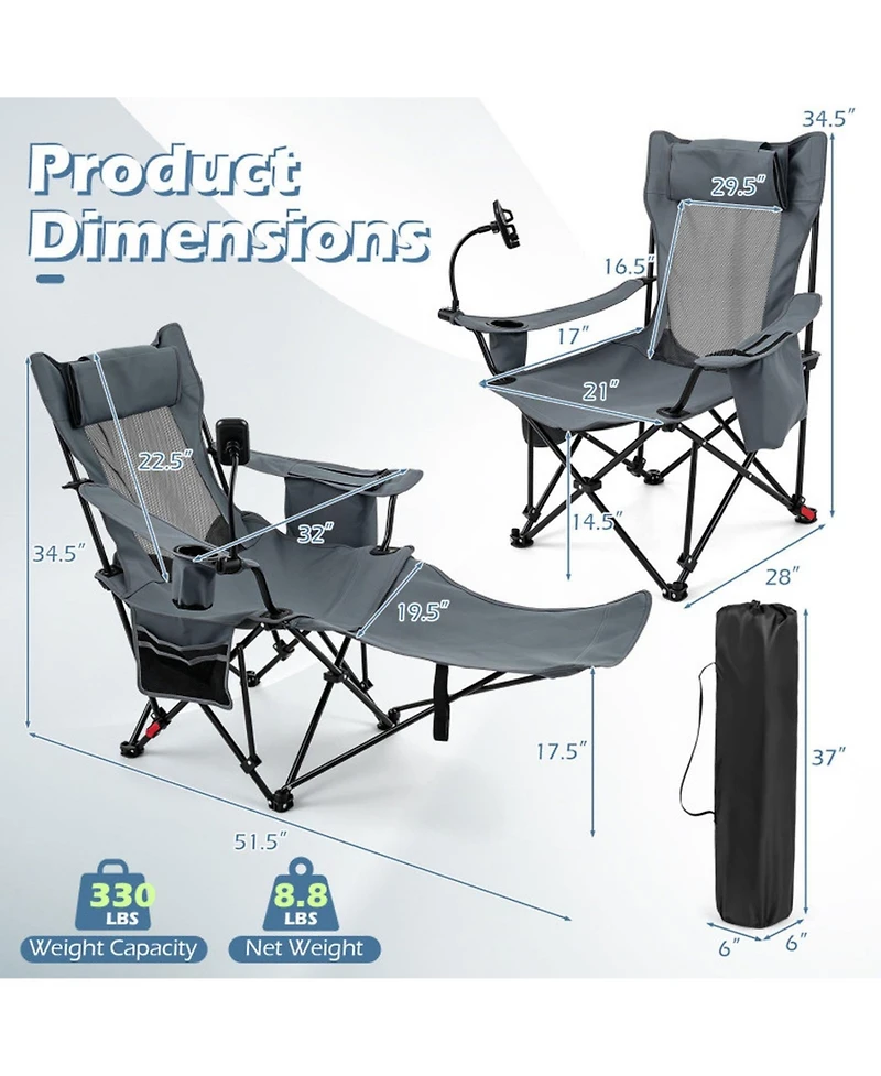 Hongge 2-in-1 Reclining Camping Chair Featuring Detachable Footrest