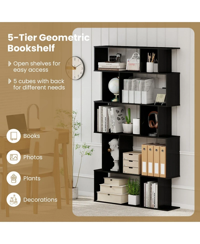 Sugift Set of 2 5-Tier Geometric Bookcases with Open Shelves and Closed-Back Cubes