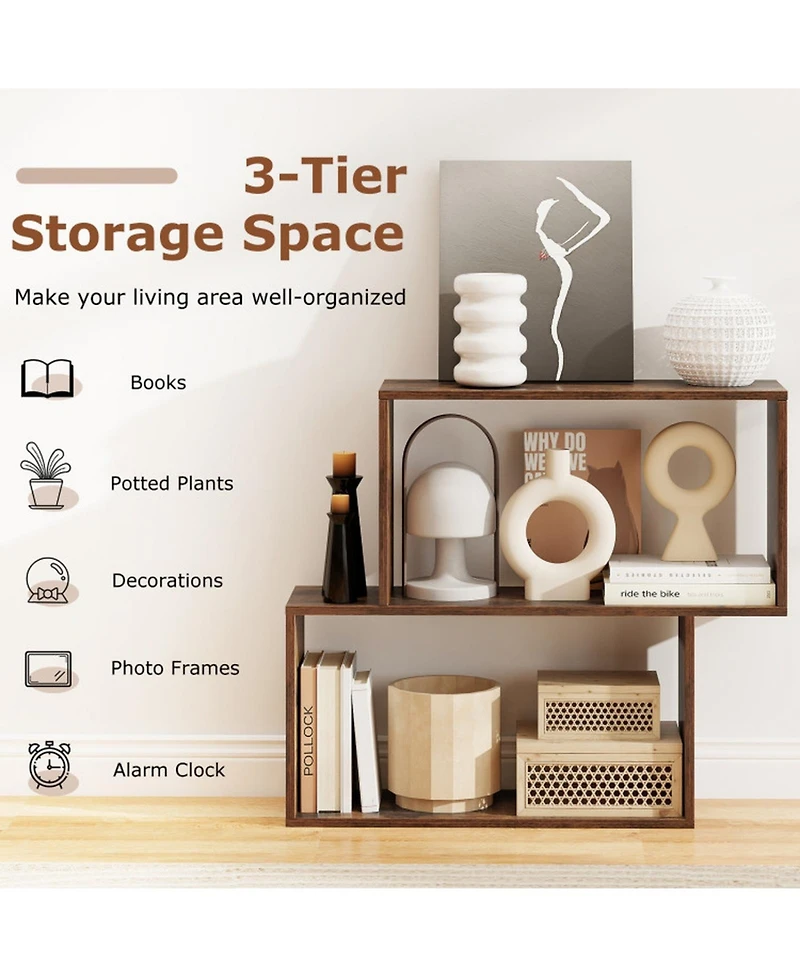Sugift 3-Tier Geometric Wooden Bookcase with 2 Cubic Compartments Freestanding Bookshelf