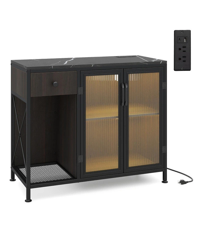 Sugift Buffet Sideboard with 2-Door Cabinet Power Outlets and Led Light