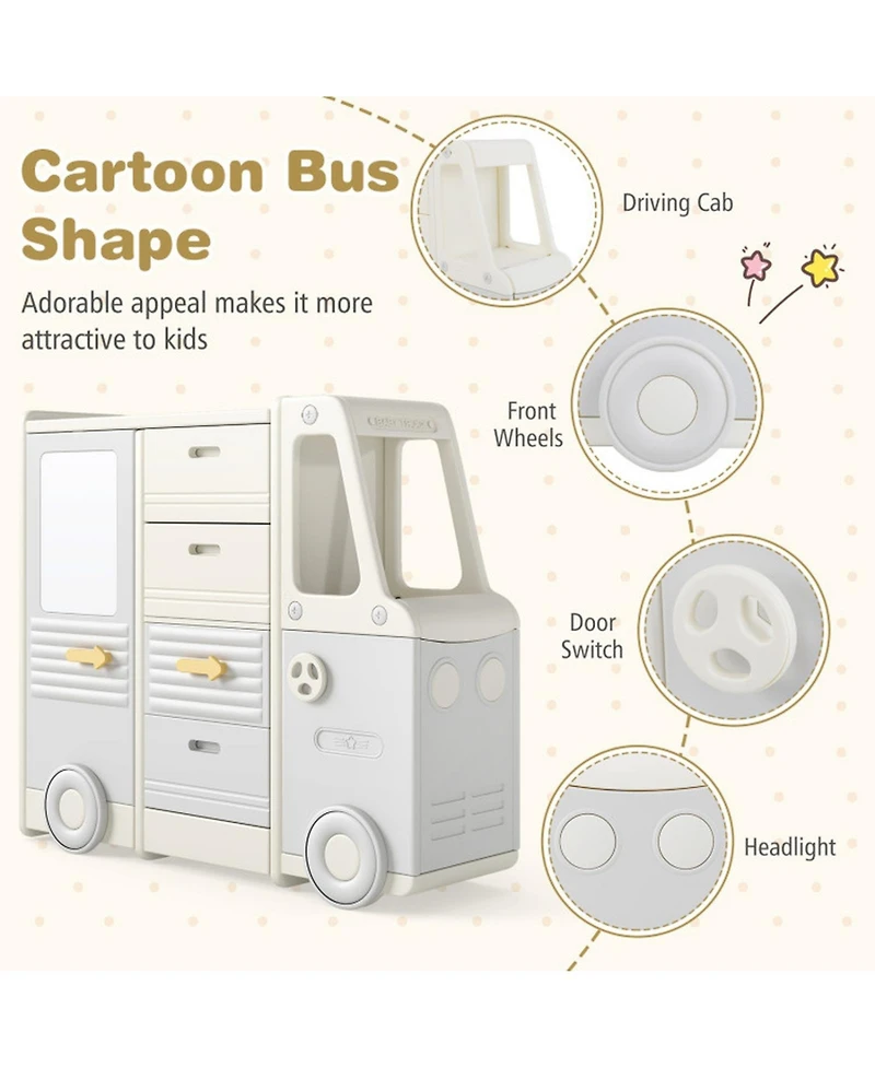 Sugift Kids Bus-Shaped Toy Storage Organizer Children Cabinet with 4 Pull-out Drawers and Whiteboard