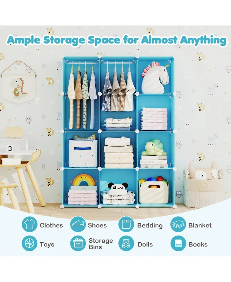 Sugift Modular Baby Wardrobe with 10 Cubes Hanging Rod and Shelves Stackable