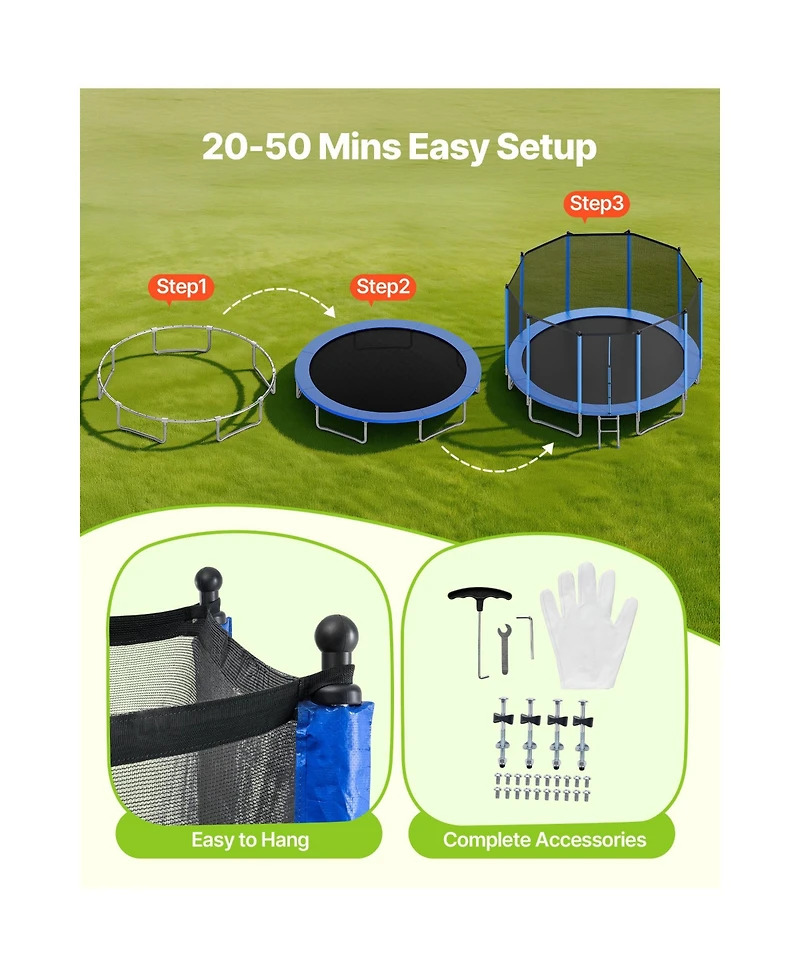 Hongge 15 ft Round Outdoor Trampoline with Zippered Enclosure Net