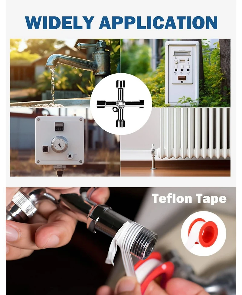Xdovet Multifunctional Water Meter Tool 4-way Key Teflon Tape