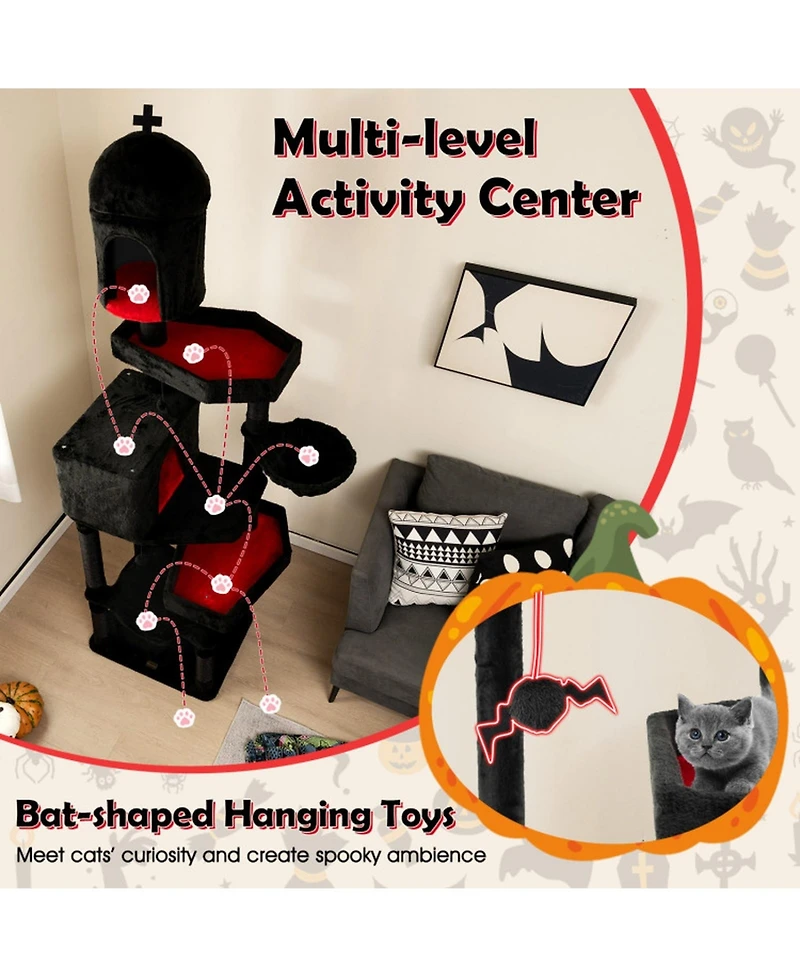 Sugift Gothic Cat Tree with 2 Cat Condos and Coffin Bed for Indoor Cats