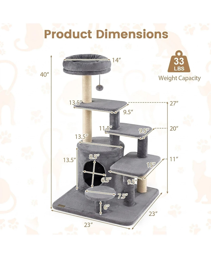 Sugift 40 in Multi-level Cat Tower with Condo and Dangling Jingle Ball