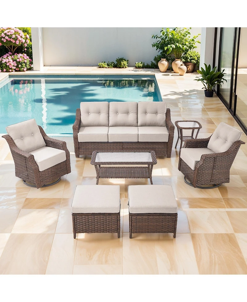 Pocassy 7-Piece Patio Furniture Set with Outdoor Swivel Chairs, High Back Wicker Conversation Sets 6" Thick Cushions