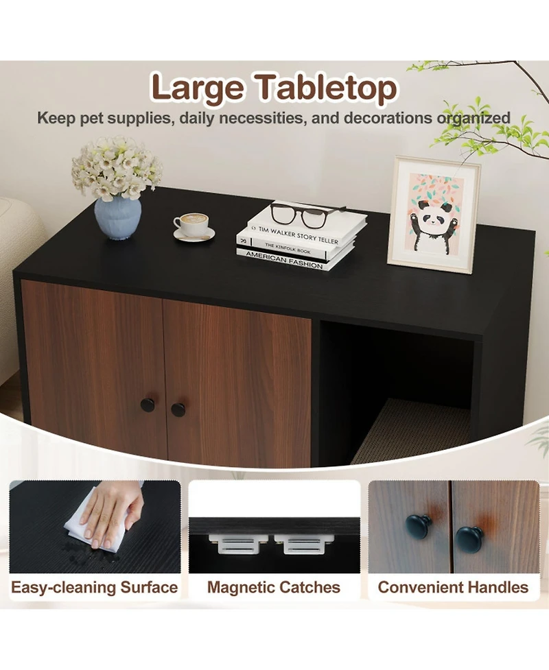Sugift Wooden Cat Litter Box Enclosure Hidden Litter Box Furniture with Scratching Board