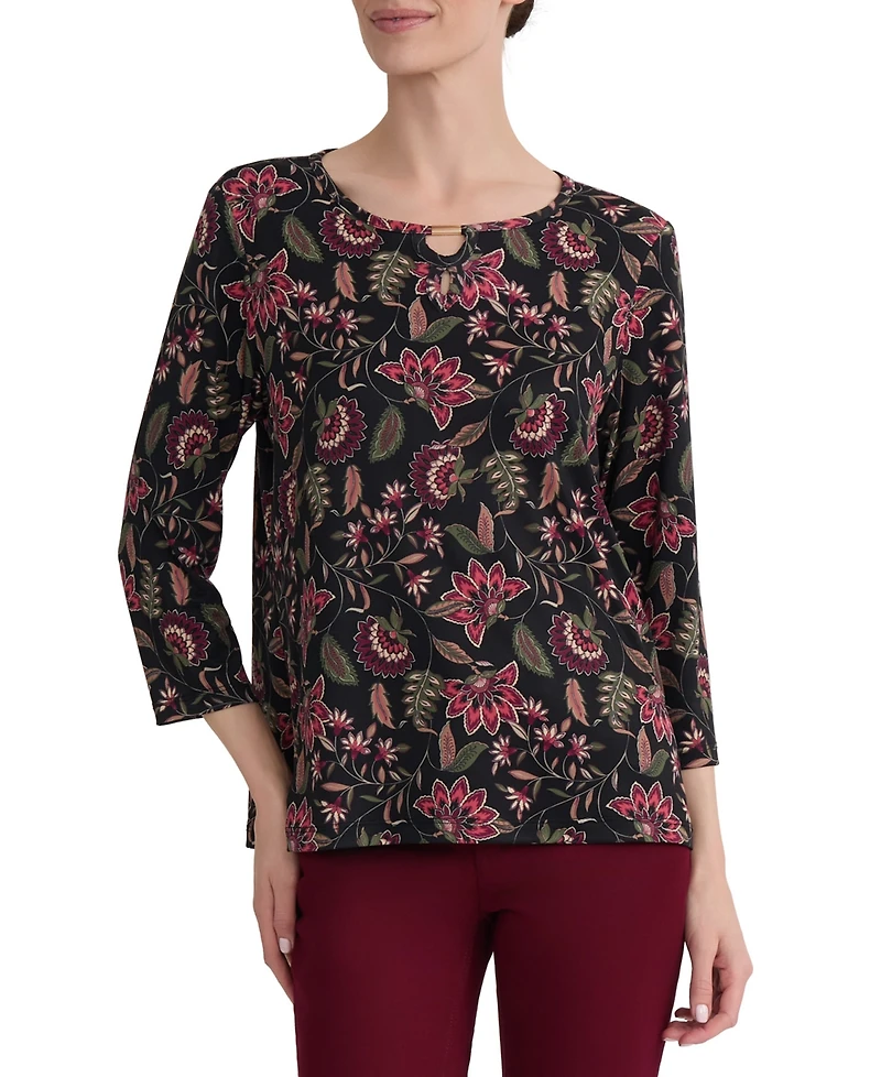 Jones New York Women's Floral-Print Keyhole Neck 3/4-Sleeve Top