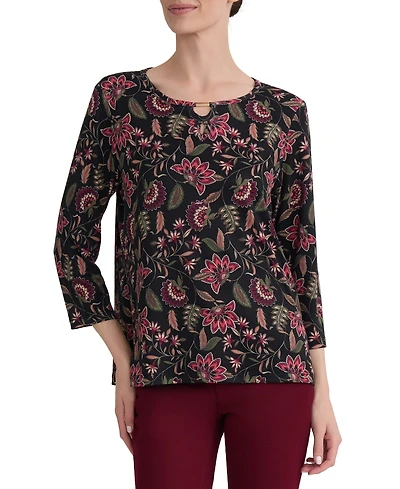 Jones New York Women's Floral-Print Keyhole Neck 3/4-Sleeve Top