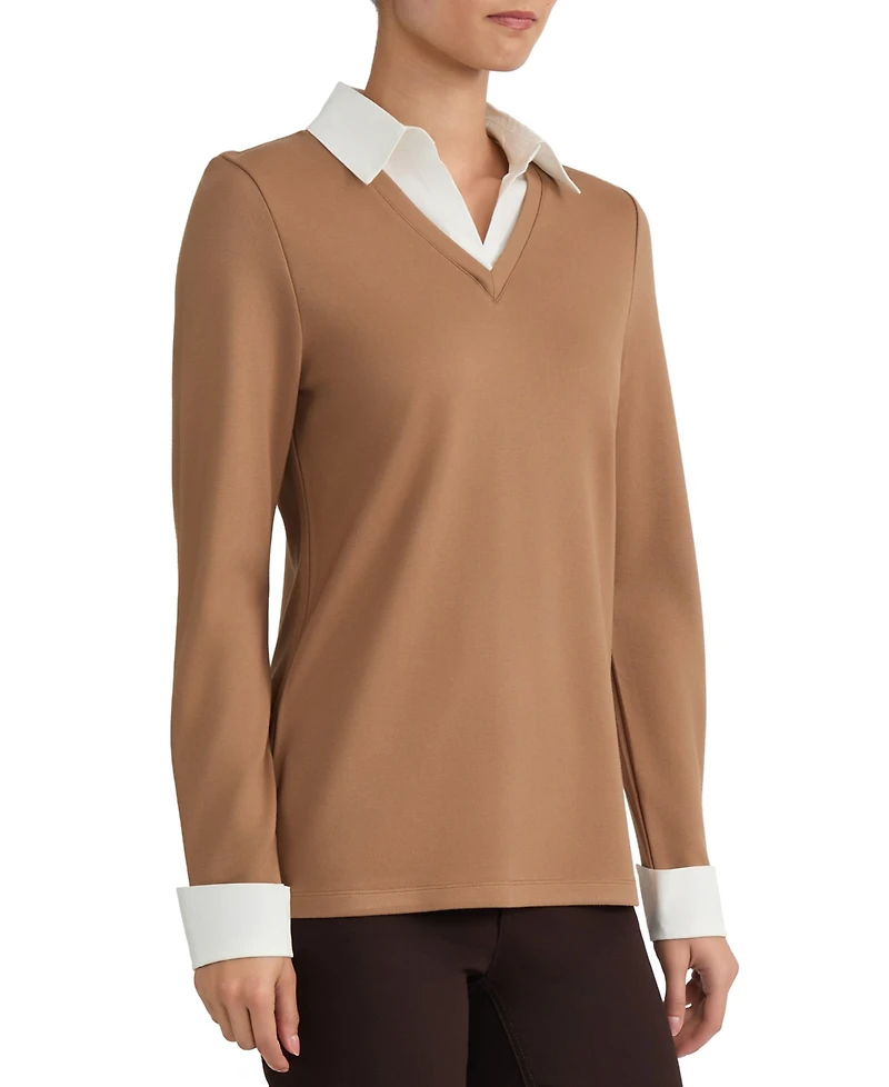 Jones New York Women's Collared Long-Sleeve Poplin Combo Trim Sweater