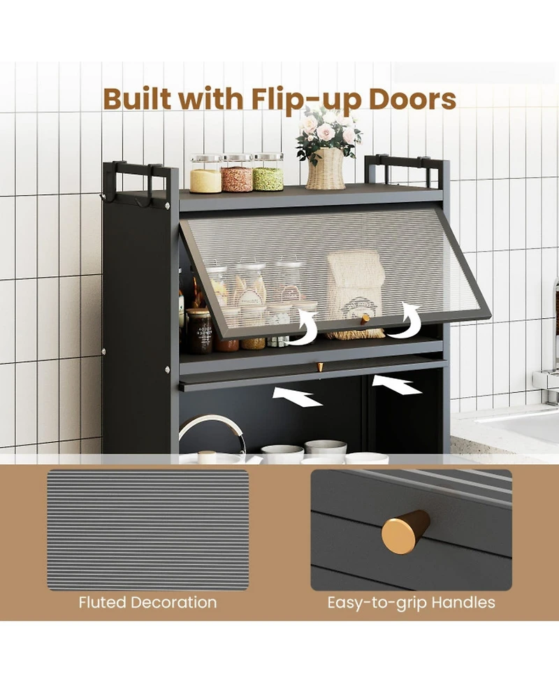 Sugift 5-Tier Kitchen Storage Cabinet with 4 Flip-up Pc Doors Adjustable Feet and Rolling Wheels