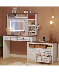homfan Extendable Vanity Desk with Led Mirror, Power Outlet and 5 Drawers