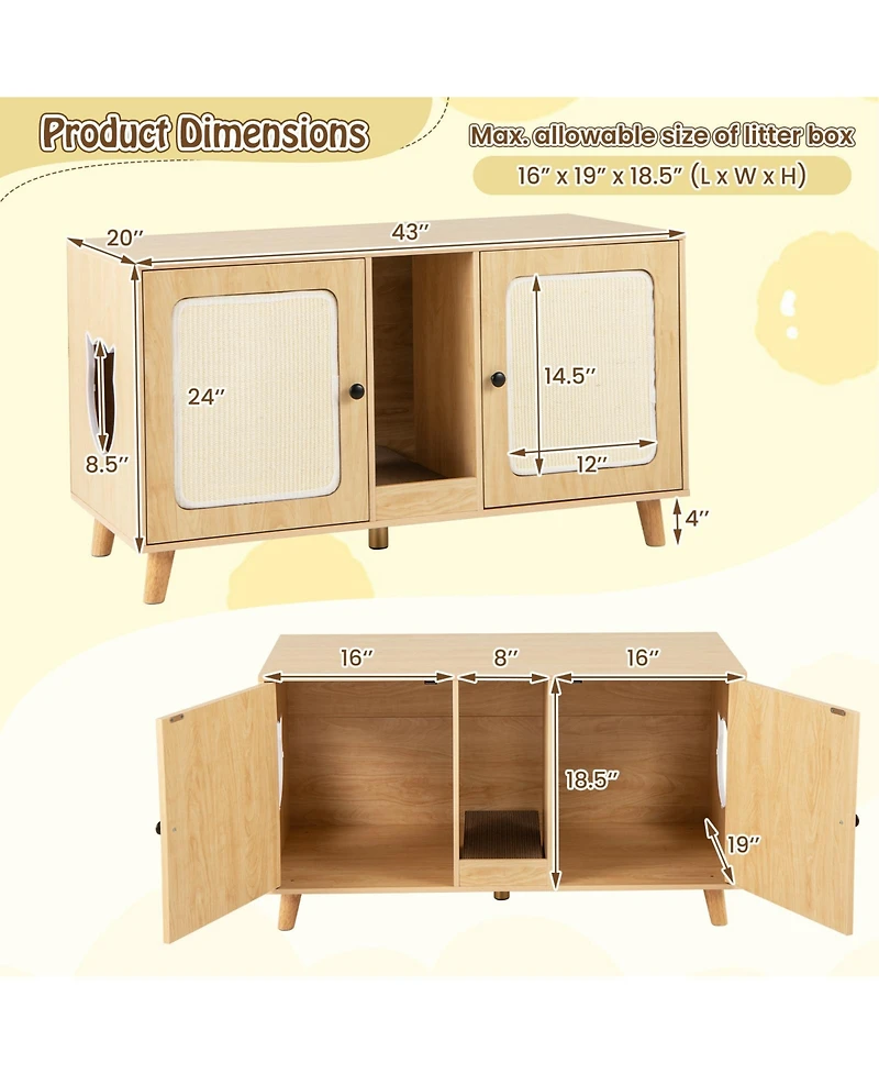 Sugift 43 in Cat Litter Box Enclosure with Double Rooms and 2 Sisal Scratching Mats