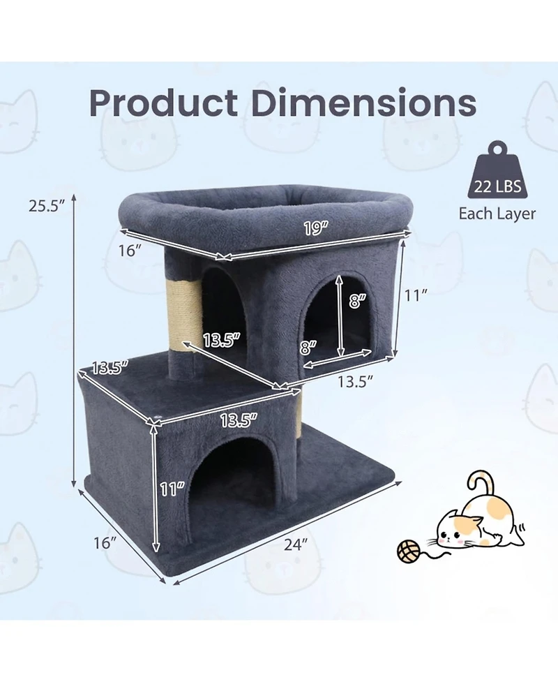 Sugift Modern Space-Saving Cat Tower with Upholstered Perch and 2 Cat Condos