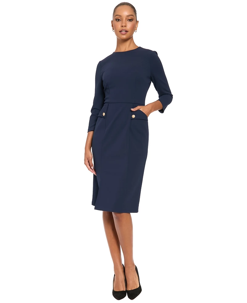 London Times Petite Sheath Midi 3/4 Sleeve Dress