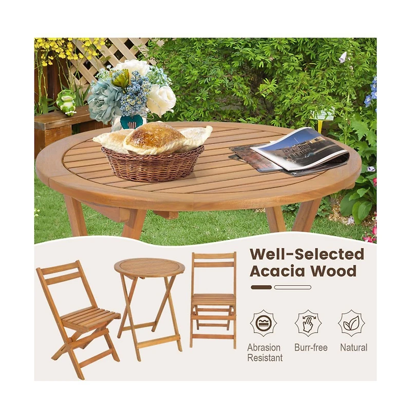 Boyel Living 3 Pieces Folding Patio Bistro Set with Slatted Tabletop