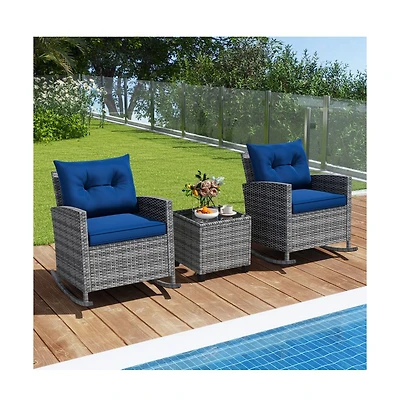 Boyel Living 3 Piece Patio Rattan Roker Chairs with Tempered Glass Table and Soft Cushions