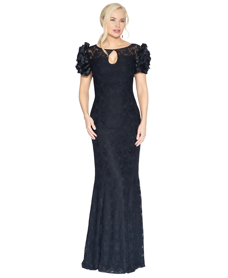 White Tie by Shani Women's Satin Floral-Sleeve Keyhole Lace Gown, Macy's Exclusive