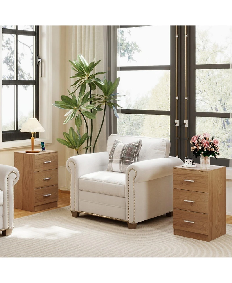 Sugift Set of 2 Nightstands with Charging Station End Tables with 3 Drawers for Bedroom
