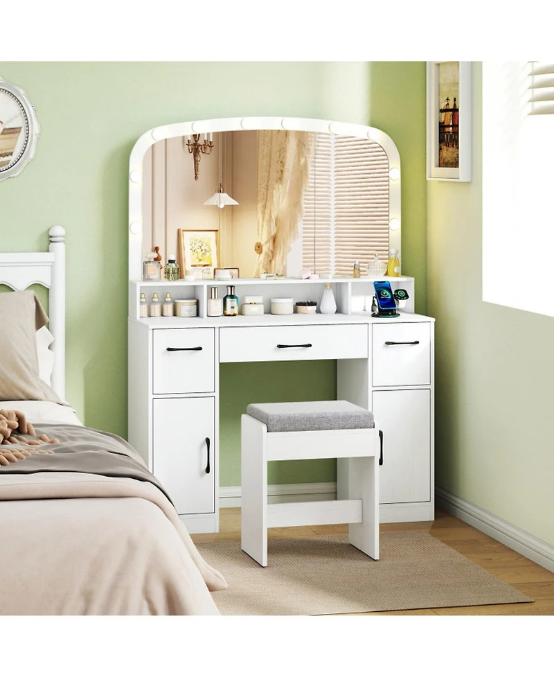 Sugift Vanity Makeup Table With Stool 3-Color Lights and Charging Station