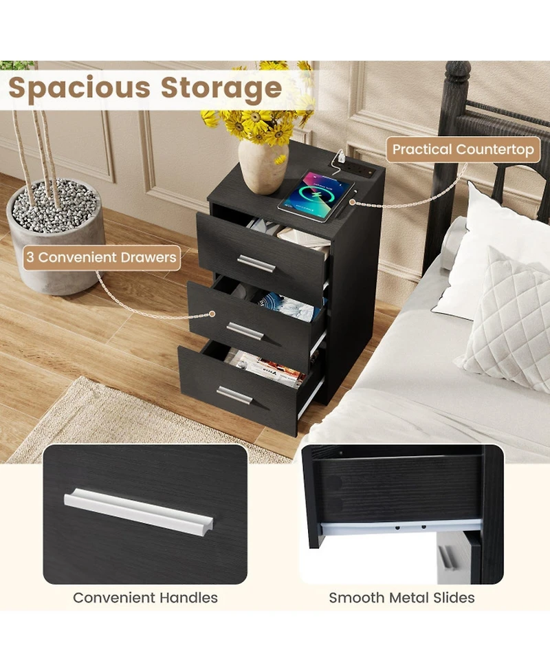 Sugift Nightstand with Charging Station 3-Drawer Bedside End Table for Bedroom