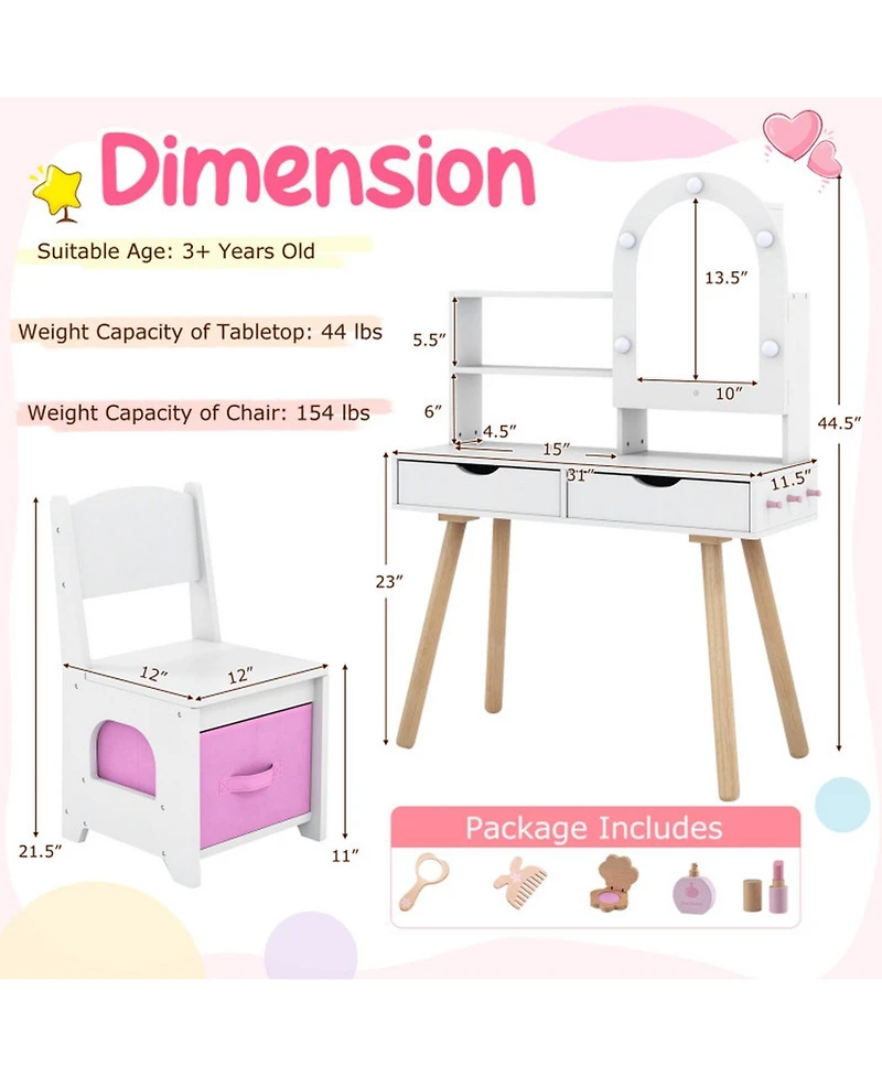 Sugift Kids Vanity Set Pretend Play Dressing Table with 3-Color Lighting Modes Adjustable Brightness