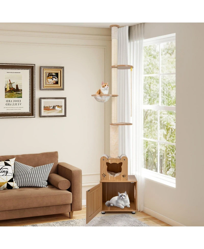 Sugift 101 in Floor to Ceiling Cat Tree Height Adjustable With Litter Box Enclosure