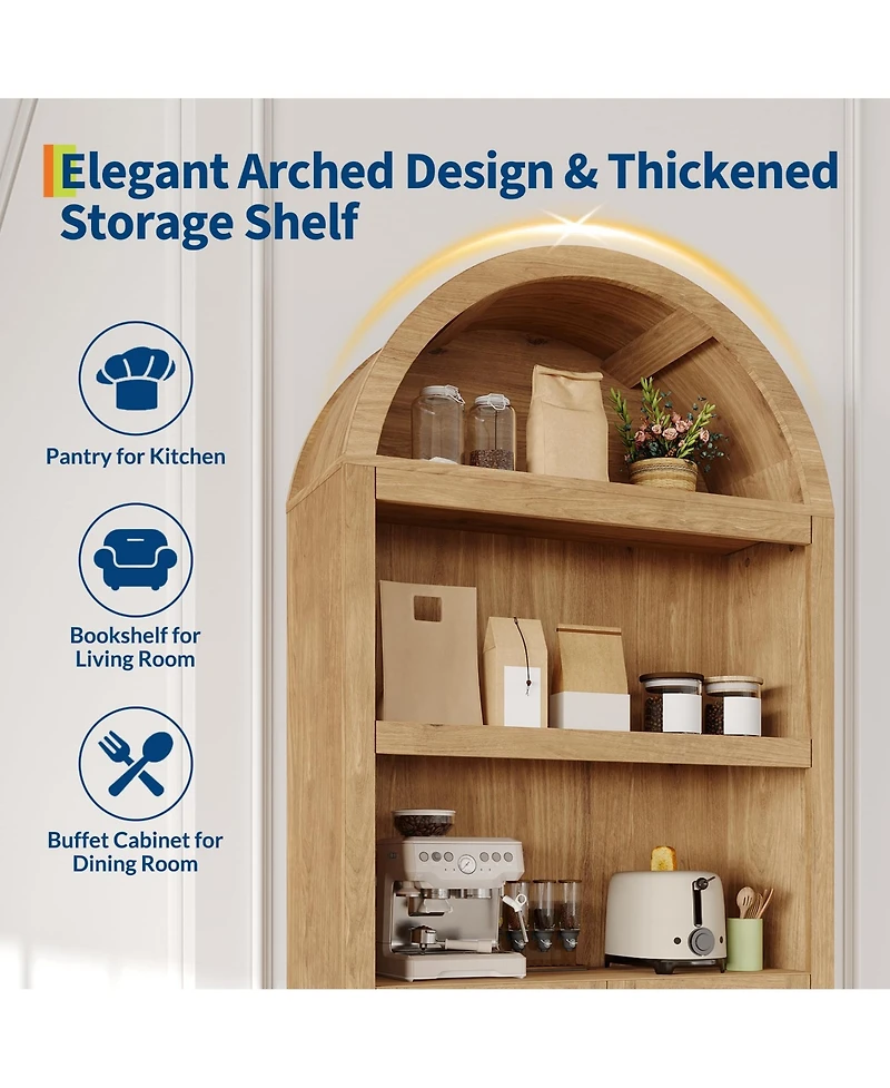 homfan 72 Inch Tall Arched Pantry Cabinet, 5-Tier Cabinet with Door and Handles, Wood Storage for Dining Room, Living Room, Anti-Tip Device Included