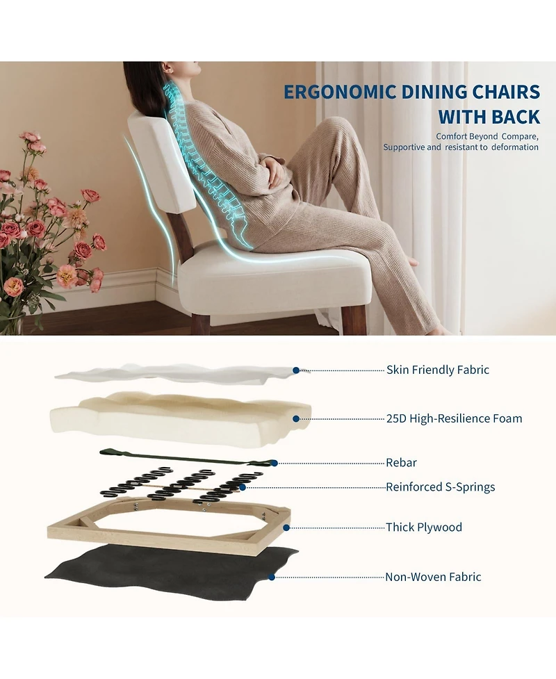 homfan Dining Chairs Set of 6 Mid-Century Modern Curved Backrest Chenille Upholstered Seat Hardwood Frame Wooden Legs Armless Kitchen Side