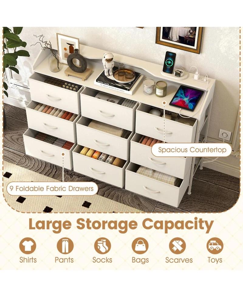 Sugift Storage Organizer with Led Lights 9 Fabric Drawers and Charging Station for Bedroom