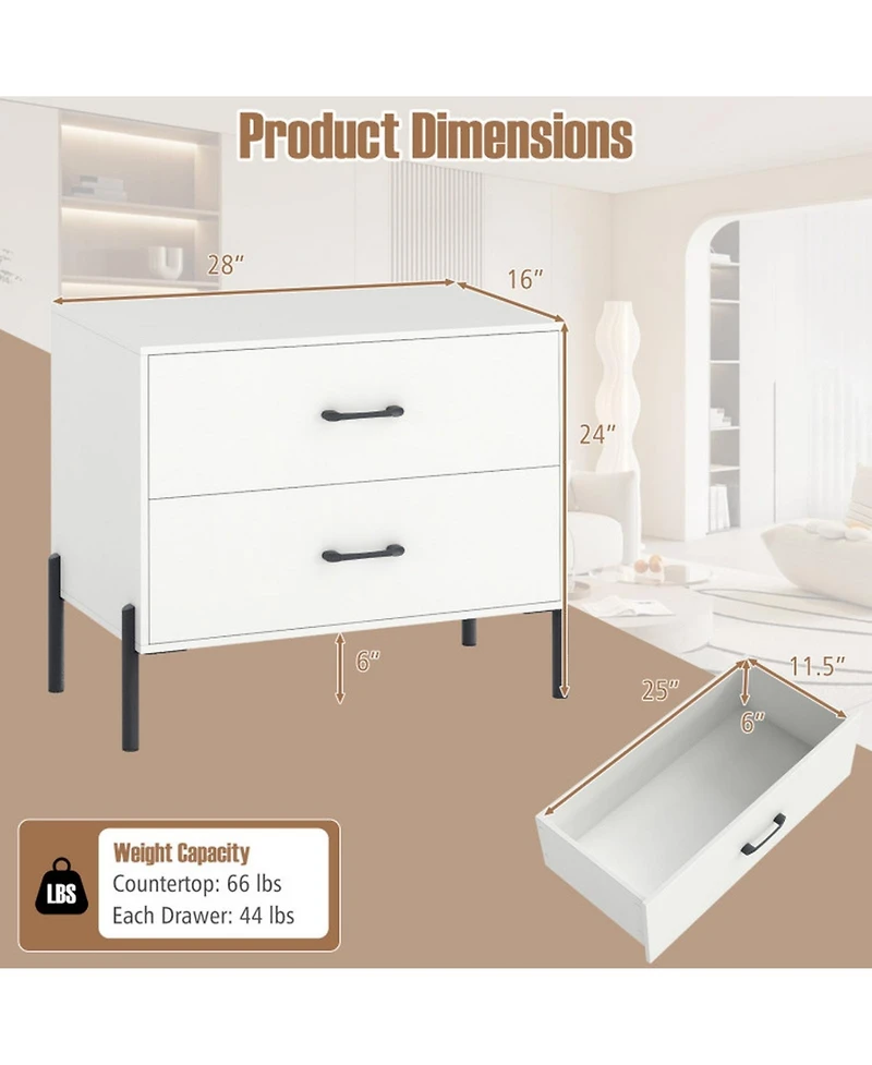 Sugift Set of 2 Modern Wooden Nightstands with 2 Drawers and Metal Legs