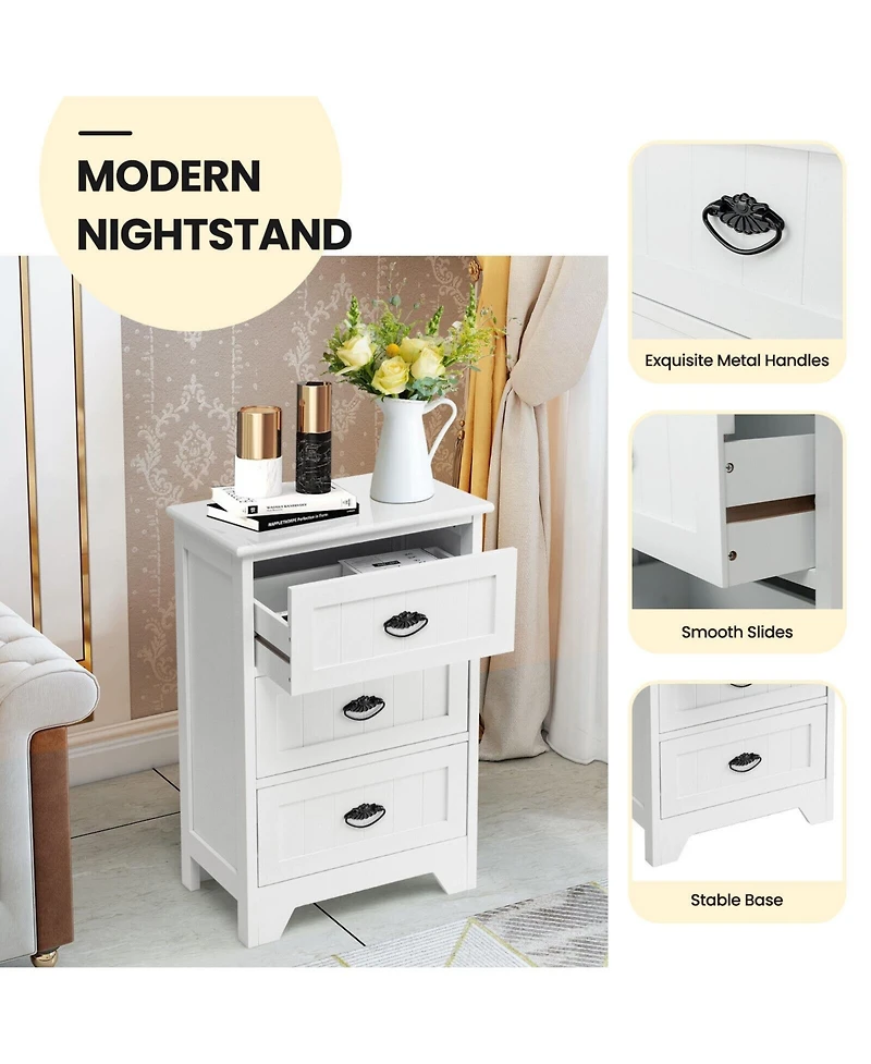 Sugift 3 Drawer Wood End Table Nightstand with Storage