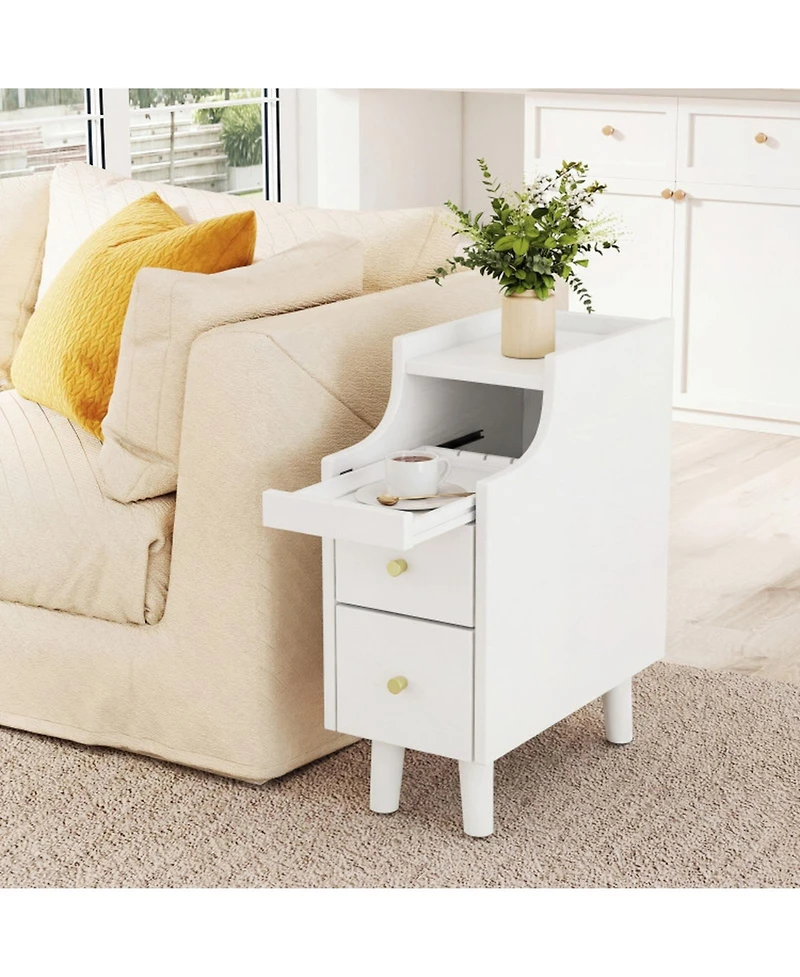 Sugift Set of 2 Solid Wood Night Side Tables with Pull-out Tray and 2 Storage Drawers