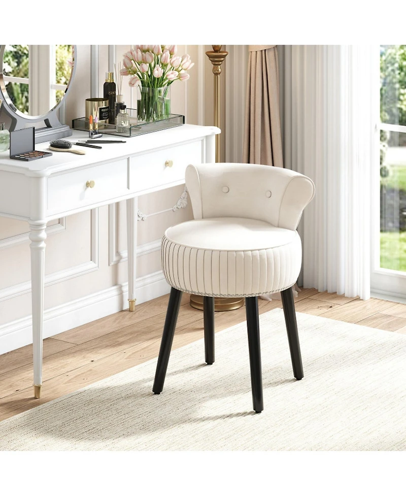 Sugift Velvet Vanity Chair Upholstered Stool with Tufted Low Back and Solid Wood Legs